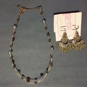 Beaded Chandelier Earrings with Beaded Wire Necklace both in shades of green